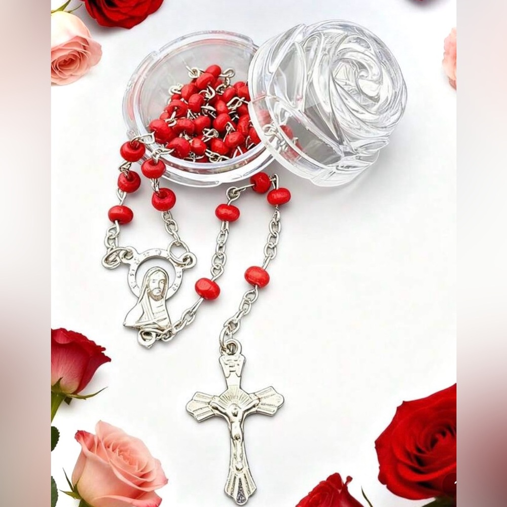 Rose Scented Wood Catholic Rosary with Case Religious Prayer New without tags